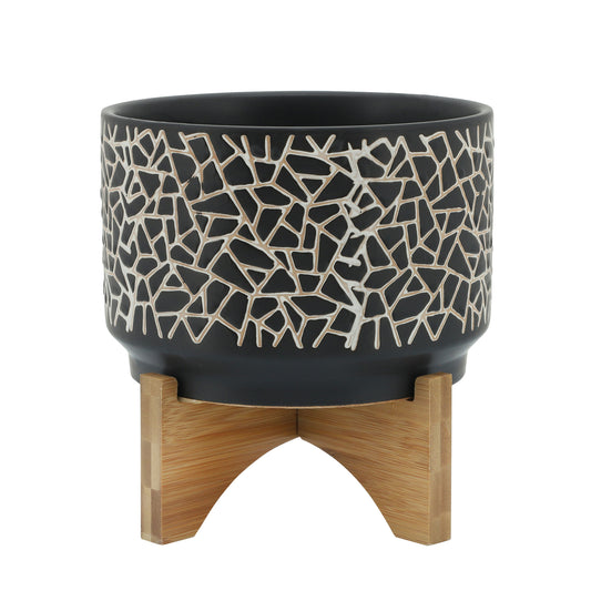 7" Crackled Planter W/ Wood Stand, Black