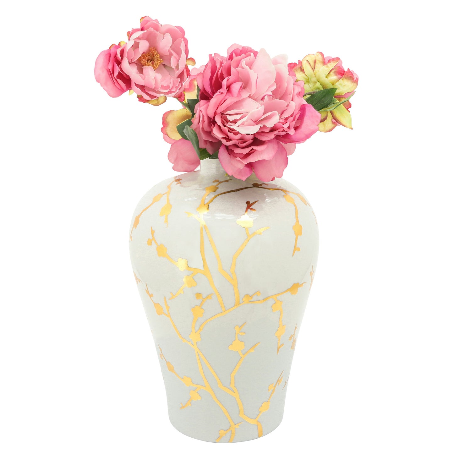 Cer 15"h, Vase W/ Gold Decal, White