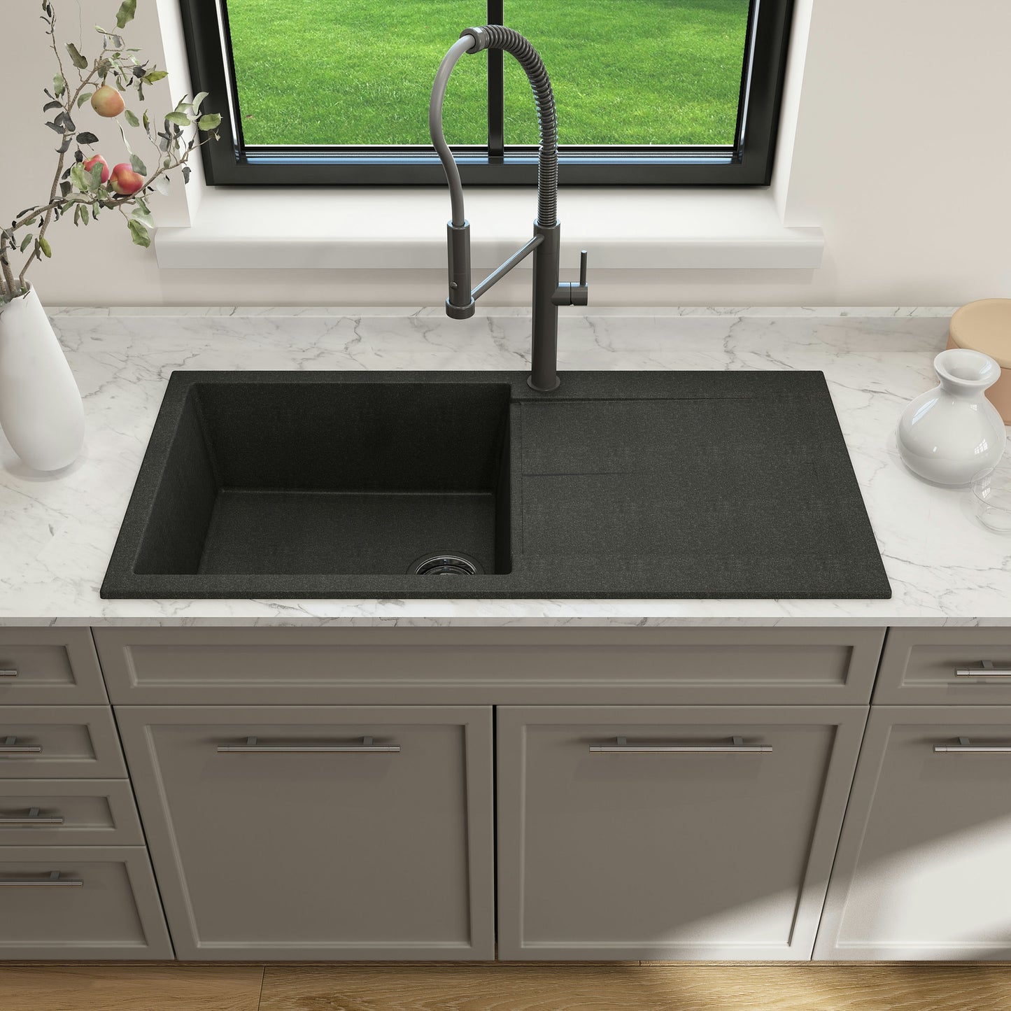 Dual-Mount 20 in. Single Bowl Granite Composite Kitchen Sink with Drain Board