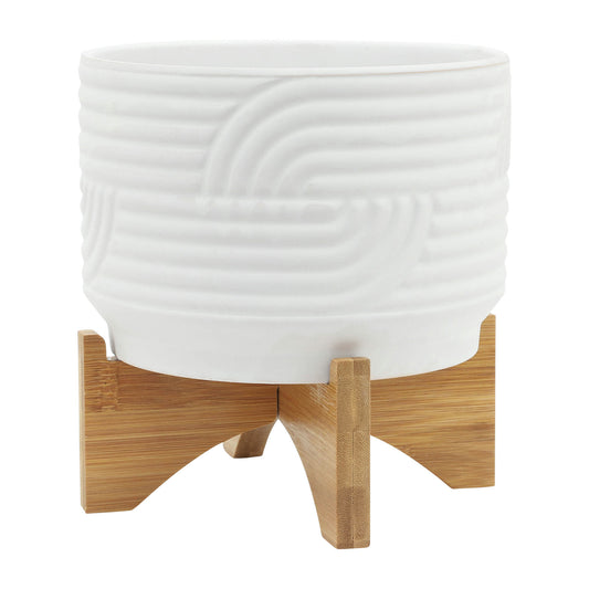 Cer, 7" Abstract Planter On Stand, White, Line Pattern