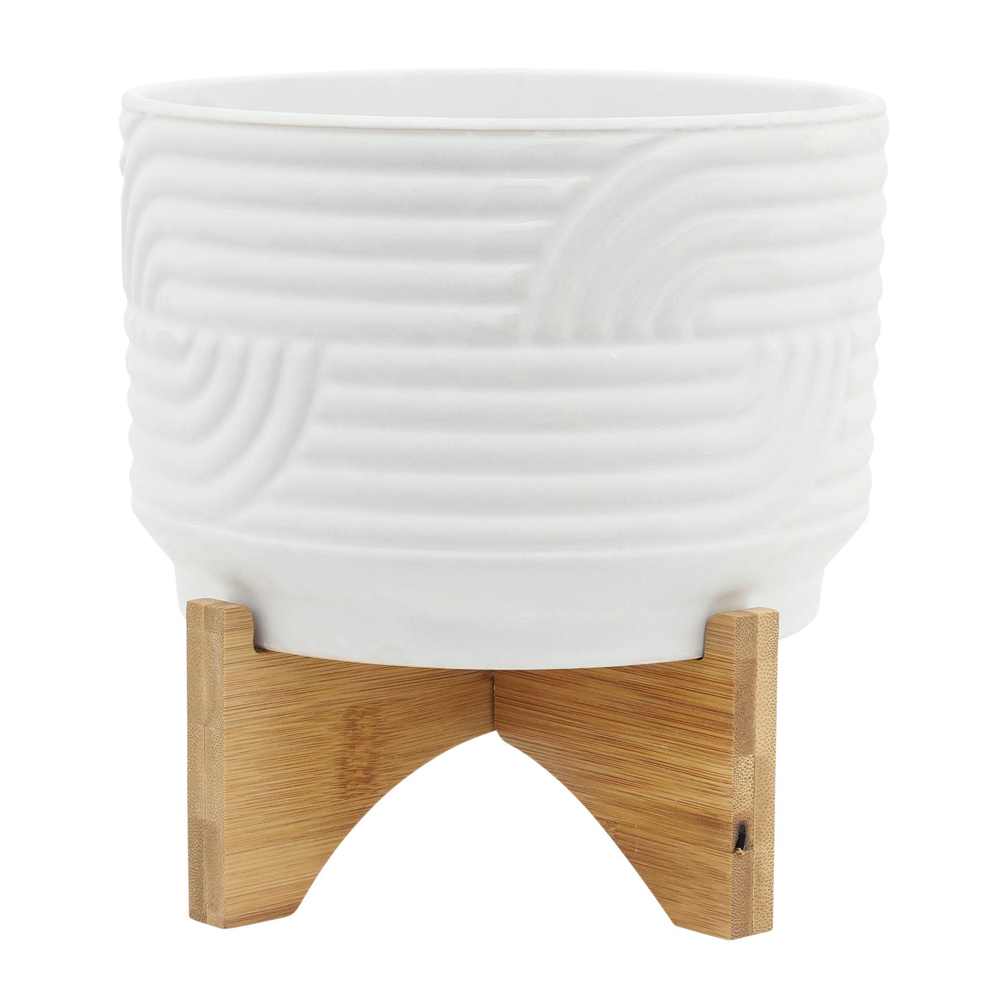 Cer, 7" Abstract Planter On Stand, White, Line Pattern