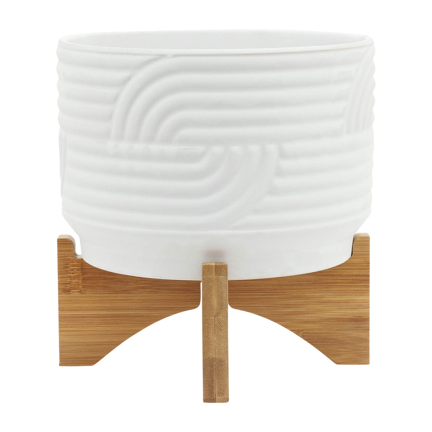 Cer, 7" Abstract Planter On Stand, White, Line Pattern