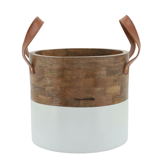 Wood, 14x12 Bucket W/leather Handles, Brown/wht