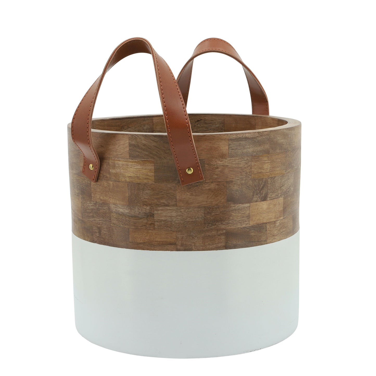 Wood, 14x12 Bucket W/leather Handles, Brown/wht