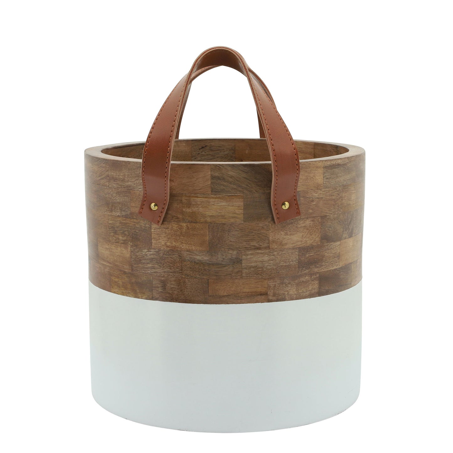 Wood, 14x12 Bucket W/leather Handles, Brown/wht