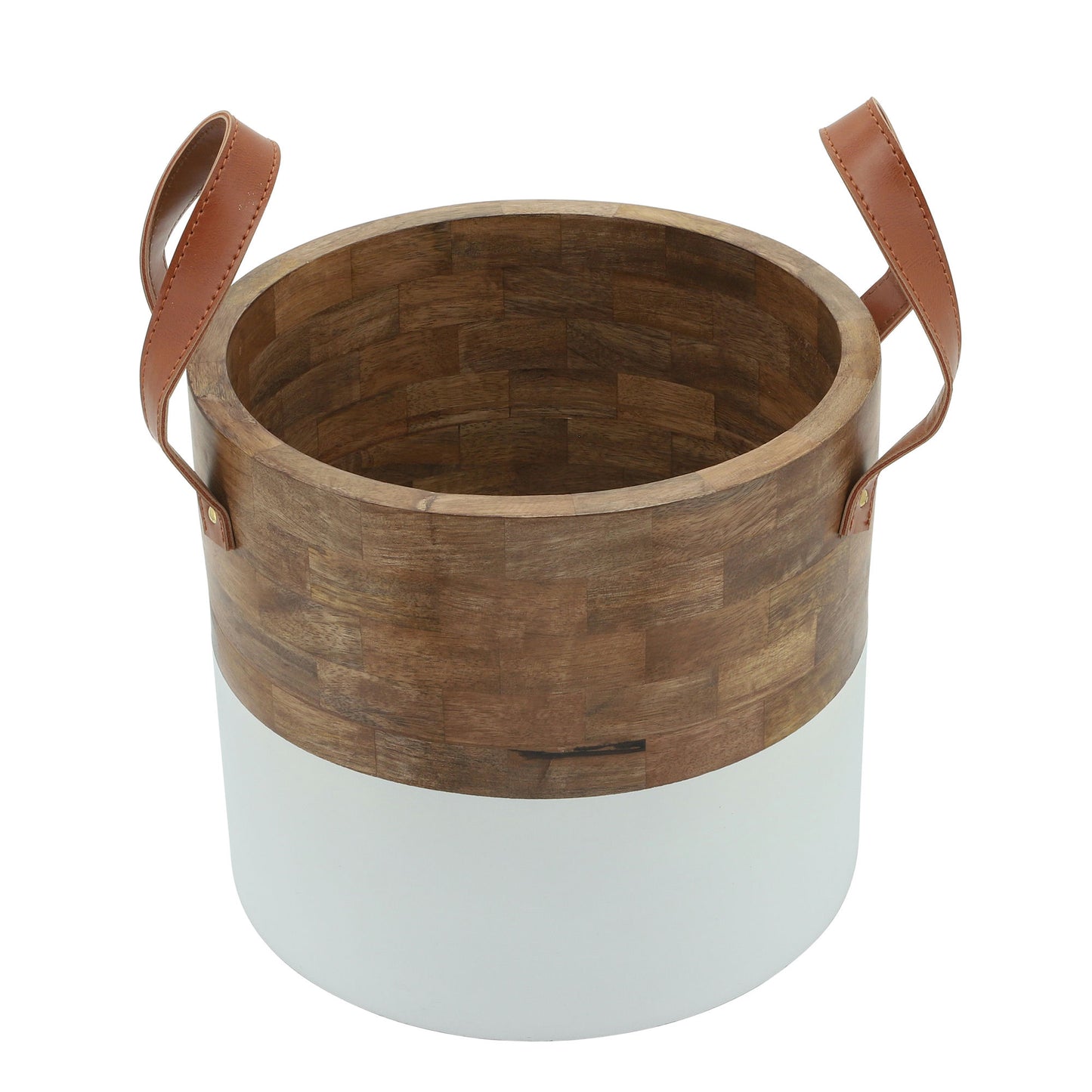 Wood, 14x12 Bucket W/leather Handles, Brown/wht