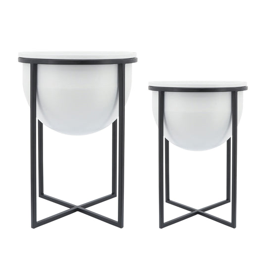 Metal S/2 11/12" Planters W/ Stand, Wht/blk