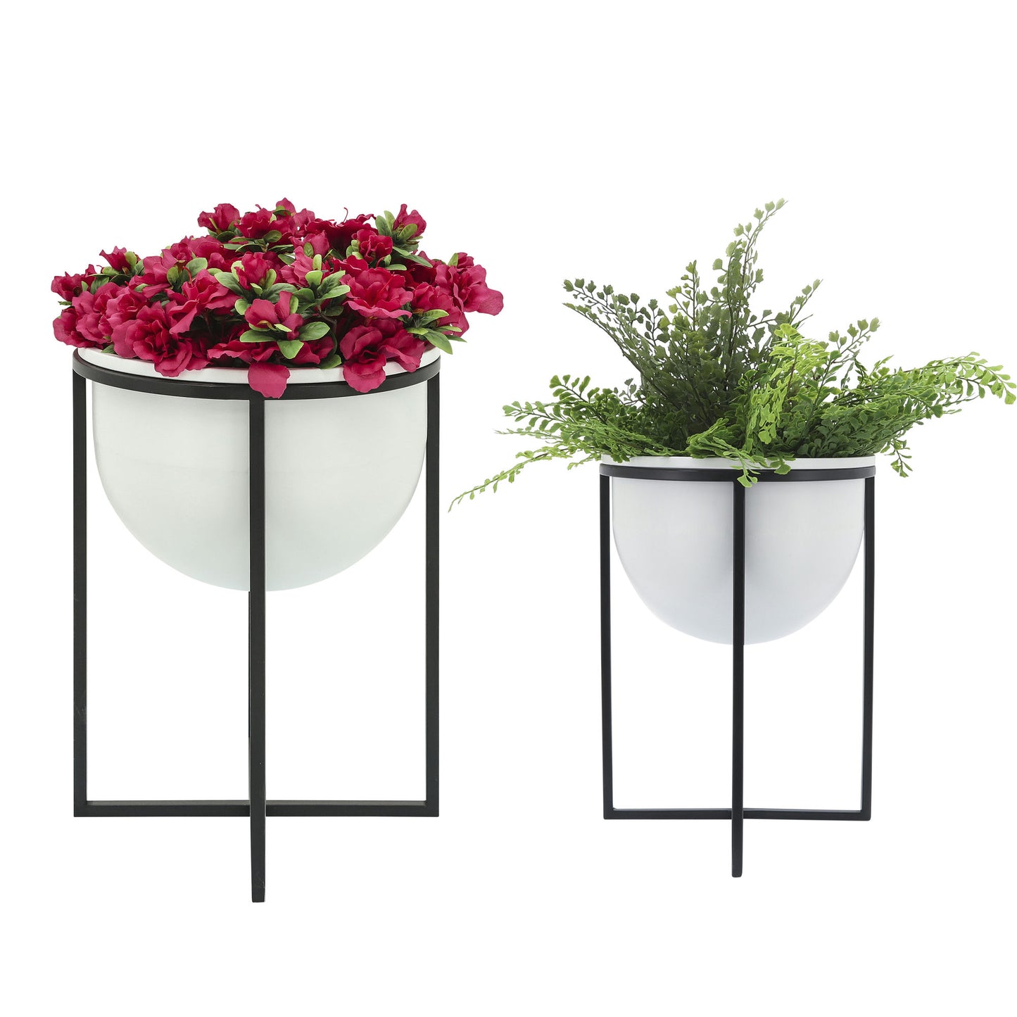 Metal S/2 11/12" Planters W/ Stand, Wht/blk