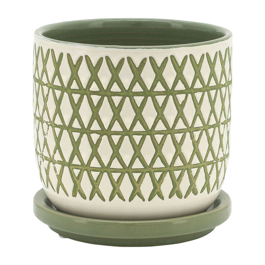 Cer, 5" X-planter W/ Saucer, Olive