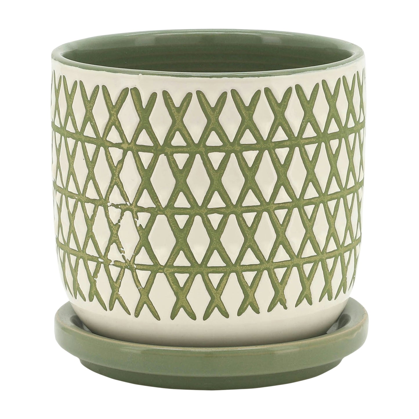 Cer, 5" X-planter W/ Saucer, Olive