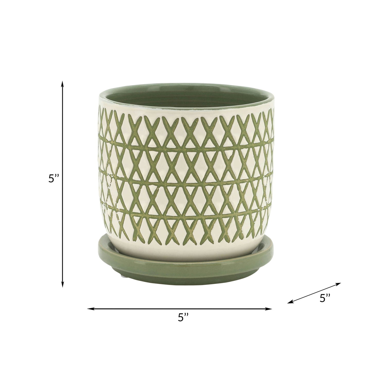 Cer, 5" X-planter W/ Saucer, Olive