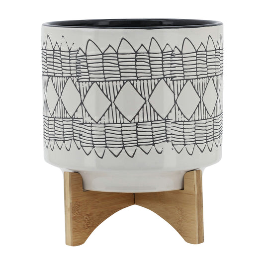 Ceramic 10" Aztec Planter On Wooden Stand, White & Gray