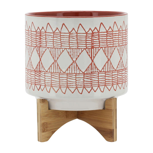 Ceramic 10" Aztec Planter On Wooden Stand, White & Orange