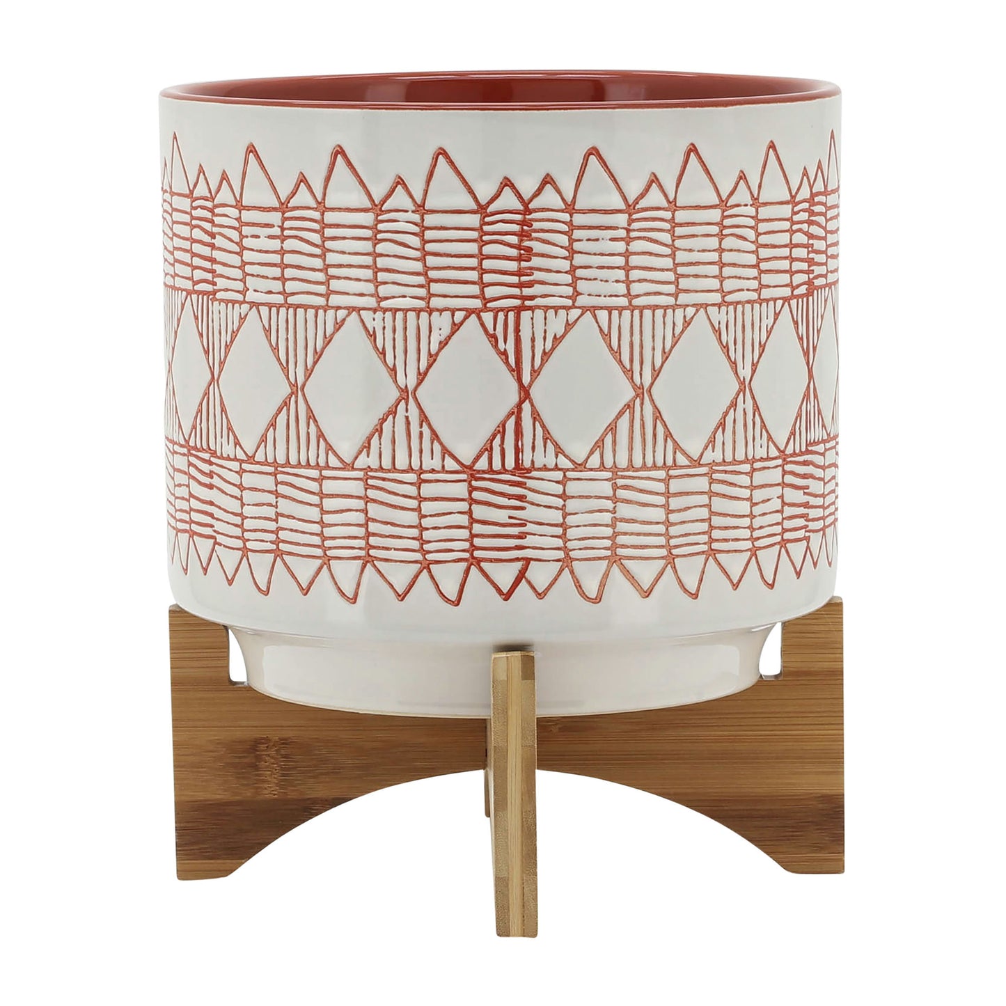 Ceramic 10" Aztec Planter On Wooden Stand, White & Orange