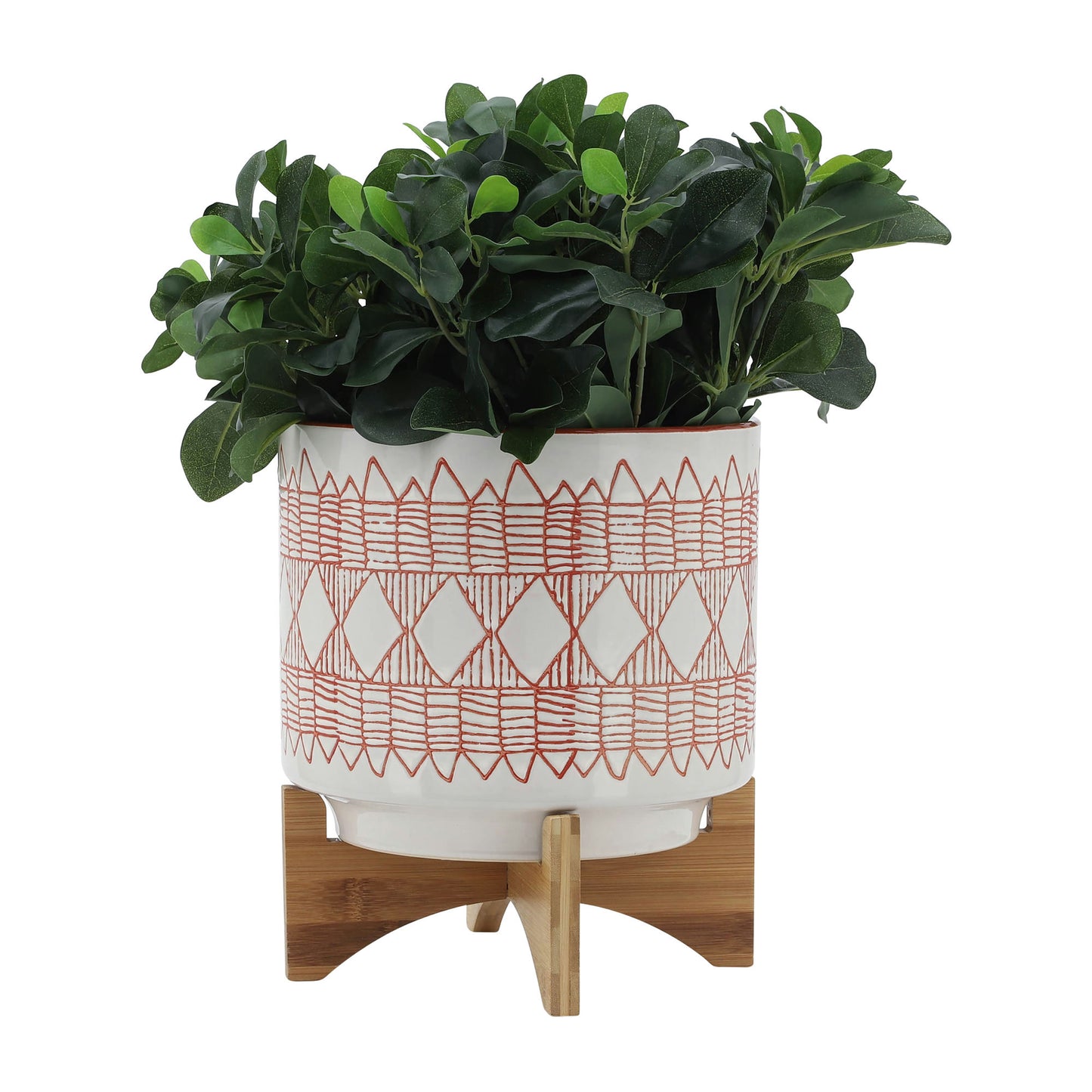 Ceramic 10" Aztec Planter On Wooden Stand, White & Orange