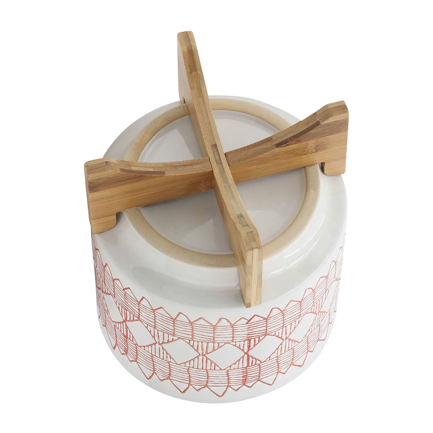 Ceramic 10" Aztec Planter On Wooden Stand, White & Orange