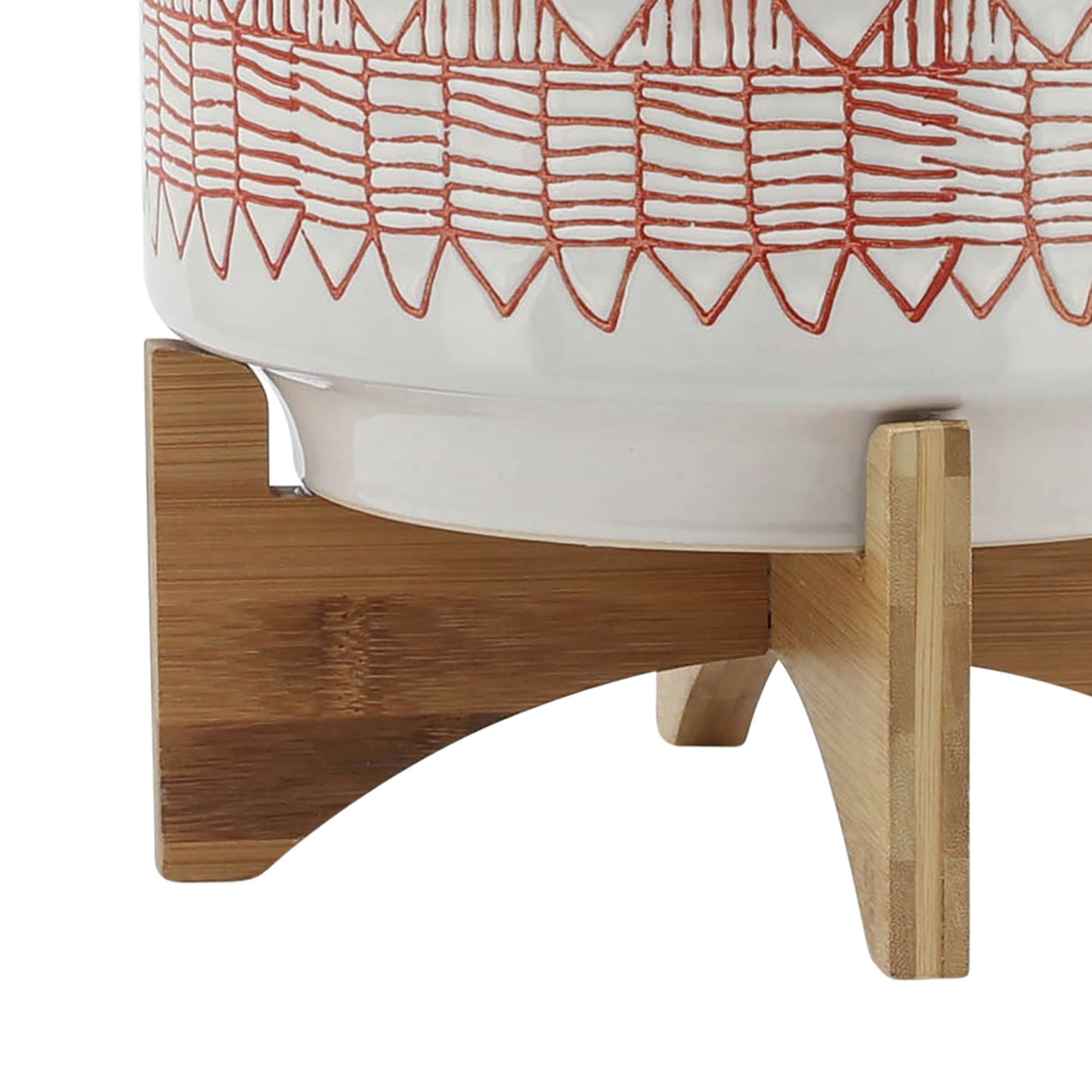 Ceramic 10" Aztec Planter On Wooden Stand, White & Orange
