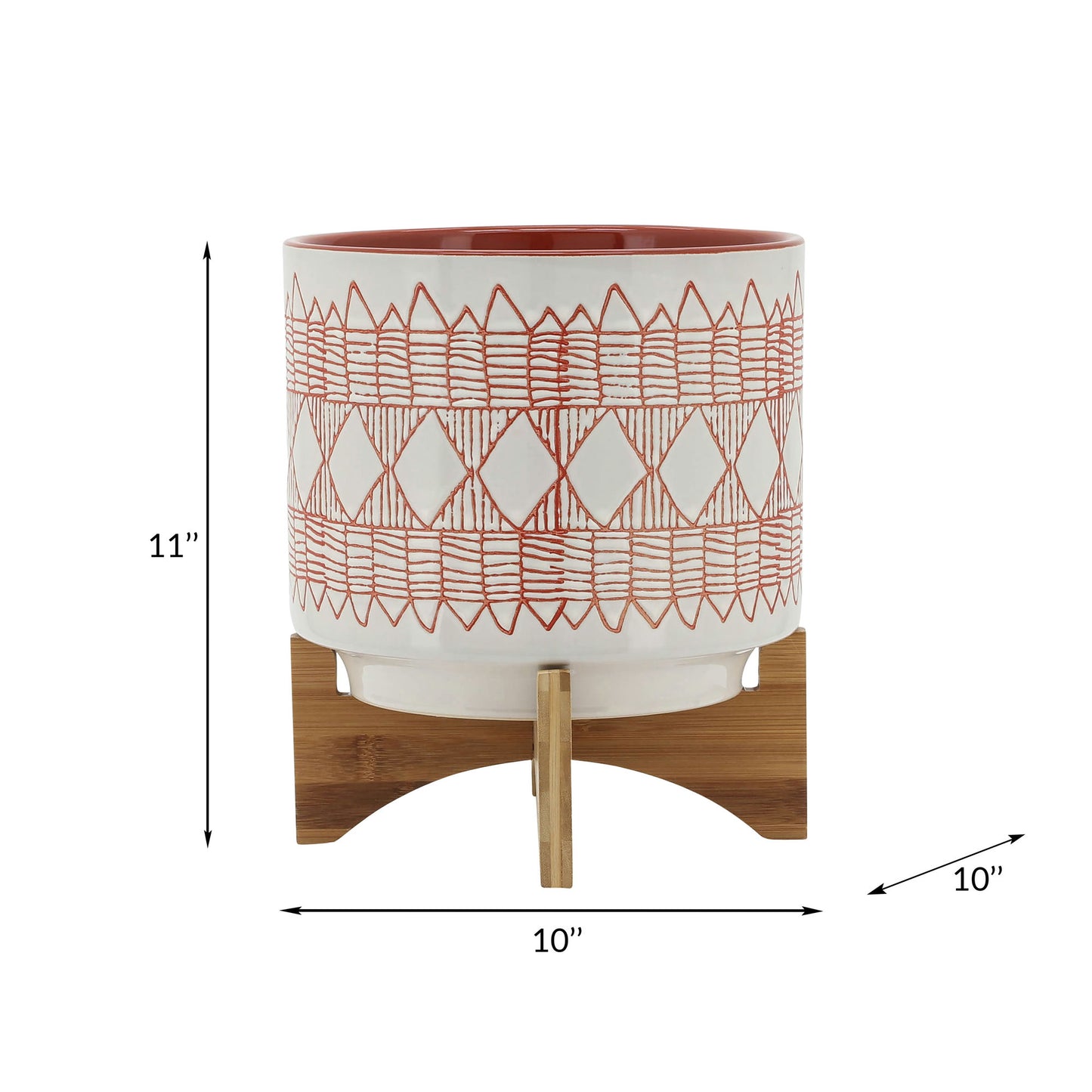 Ceramic 10" Aztec Planter On Wooden Stand, White & Orange