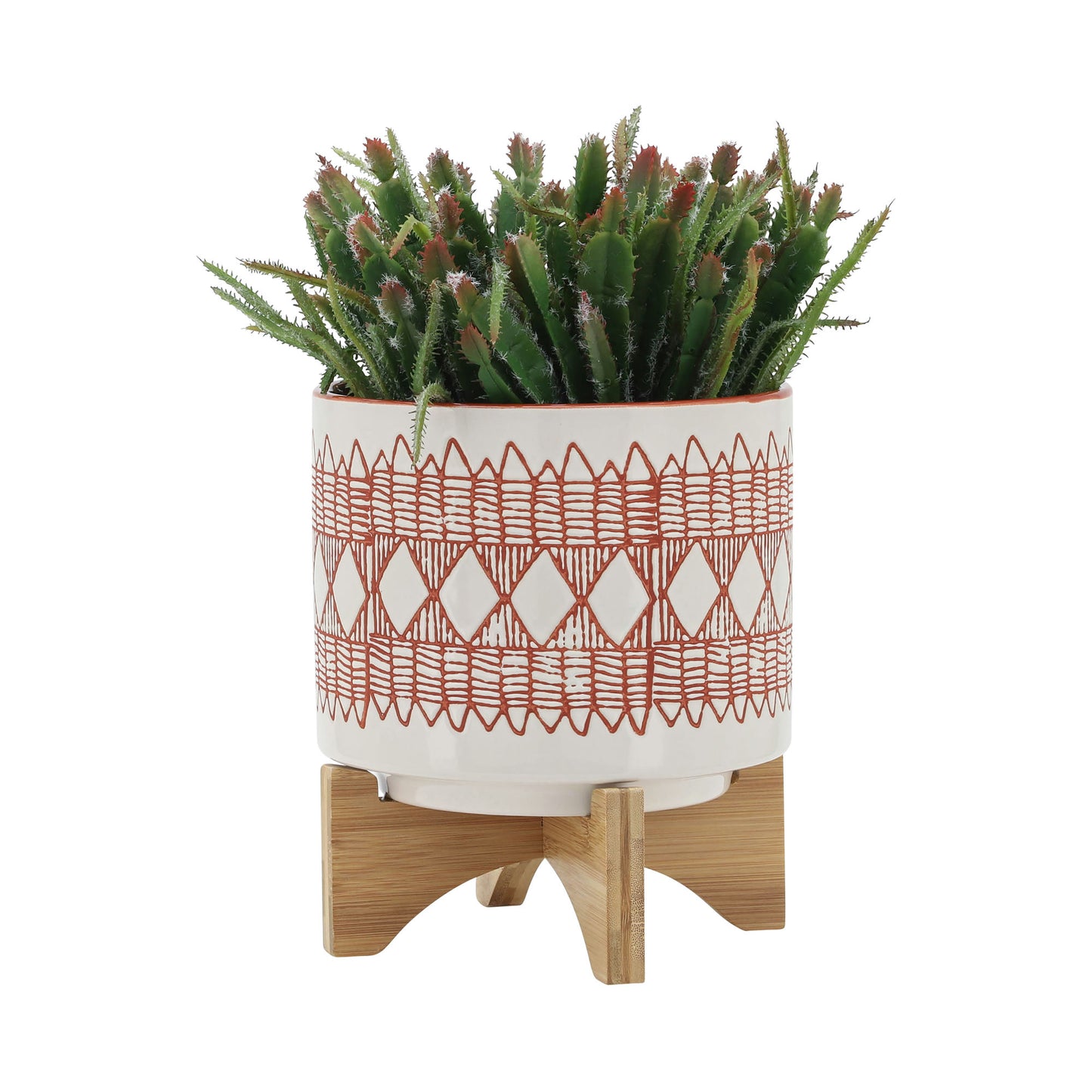 Ceramic 8" Aztec Planter On Wooden Stand, Orange