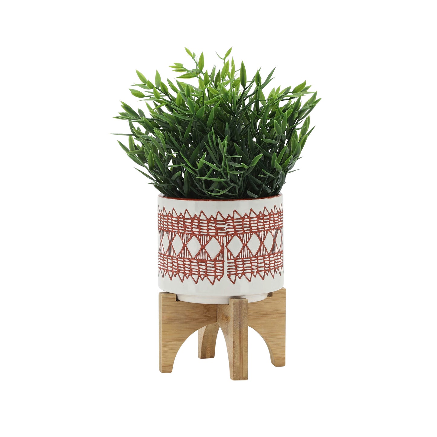 Ceramic 5" Aztec Planter On Wooden Stand, White & Orange