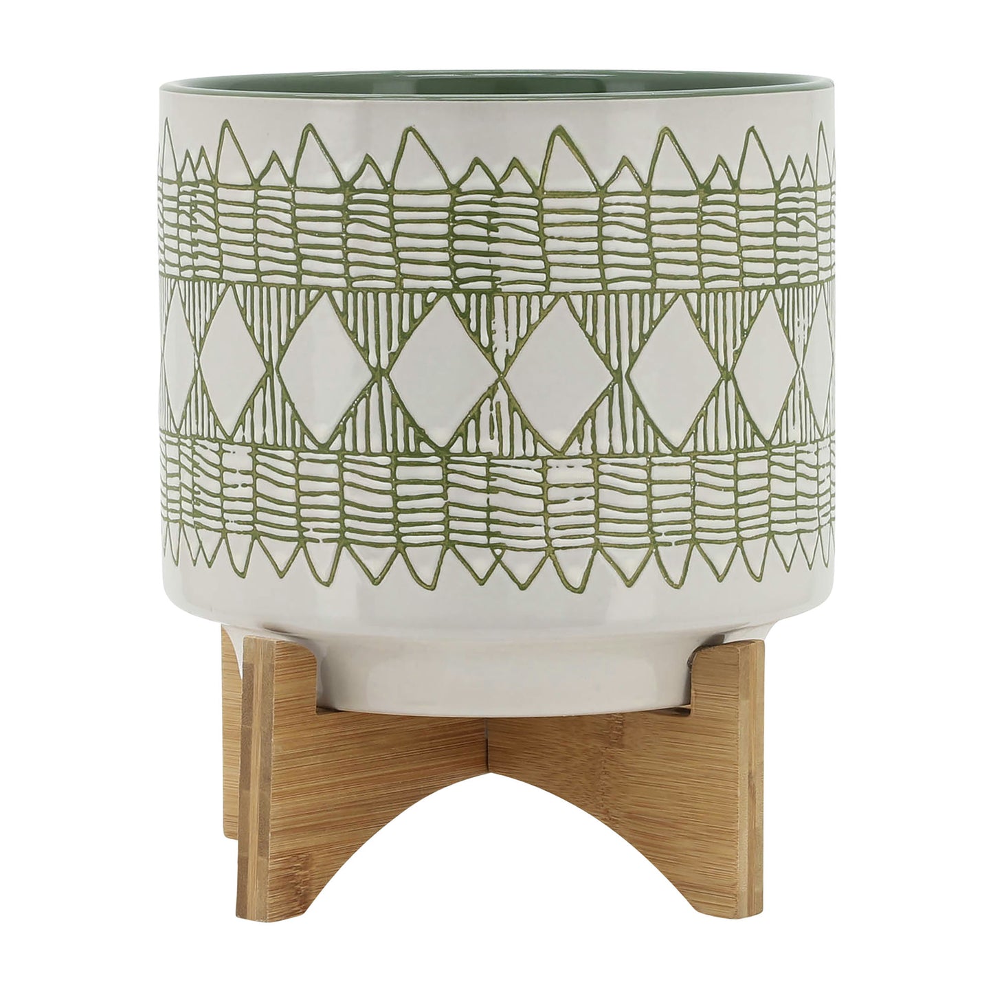 Ceramic 10" Aztec Planter On Wooden Stand, White & Olive