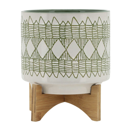 Ceramic 10" Aztec Planter On Wooden Stand, White & Olive