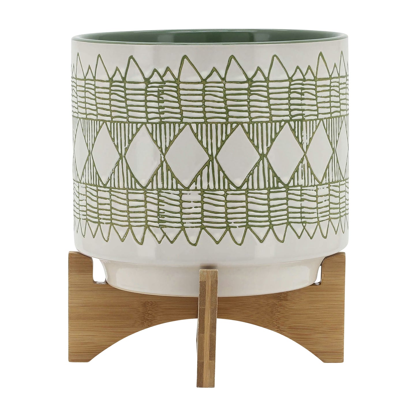 Ceramic 10" Aztec Planter On Wooden Stand, White & Olive