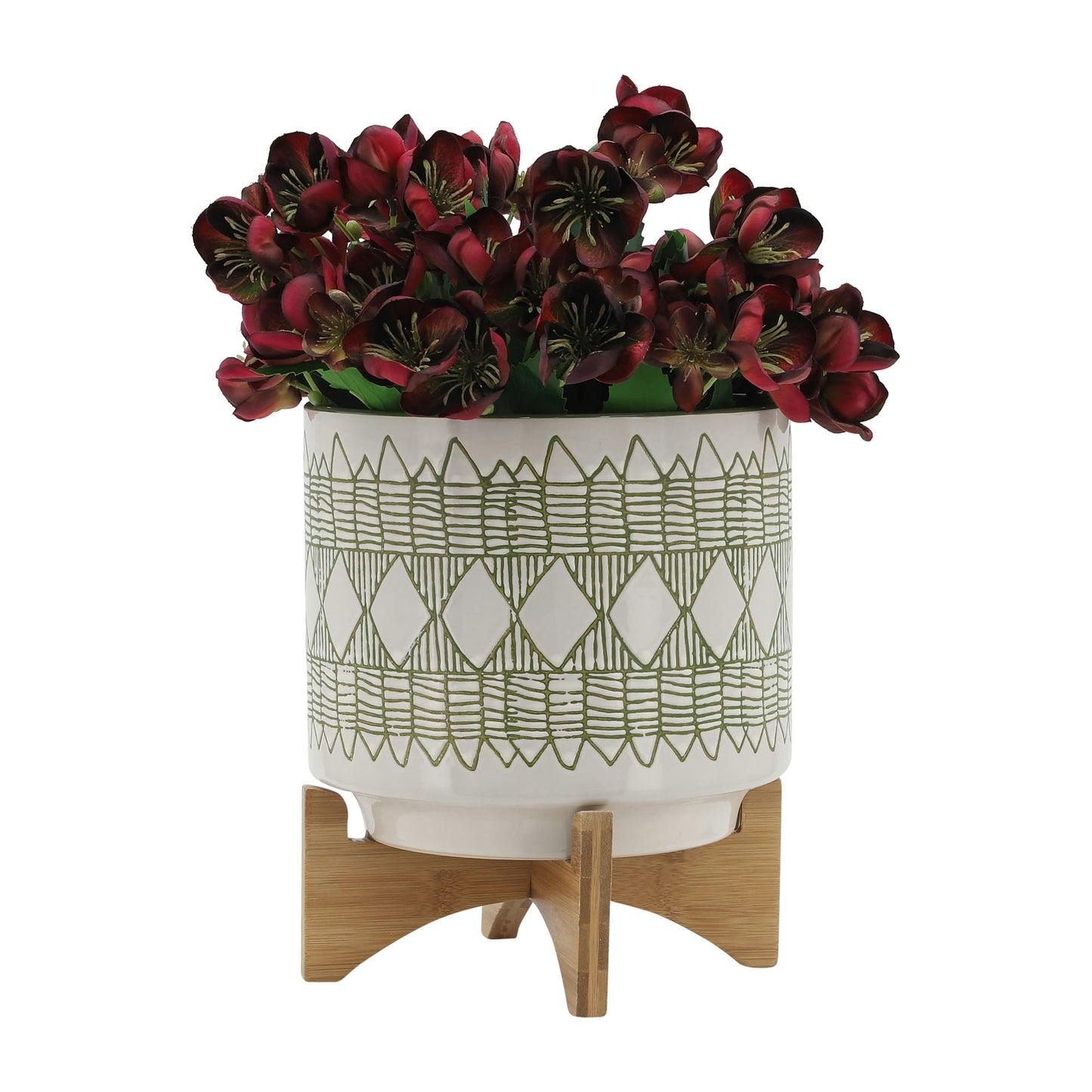 Ceramic 10" Aztec Planter On Wooden Stand, White & Olive