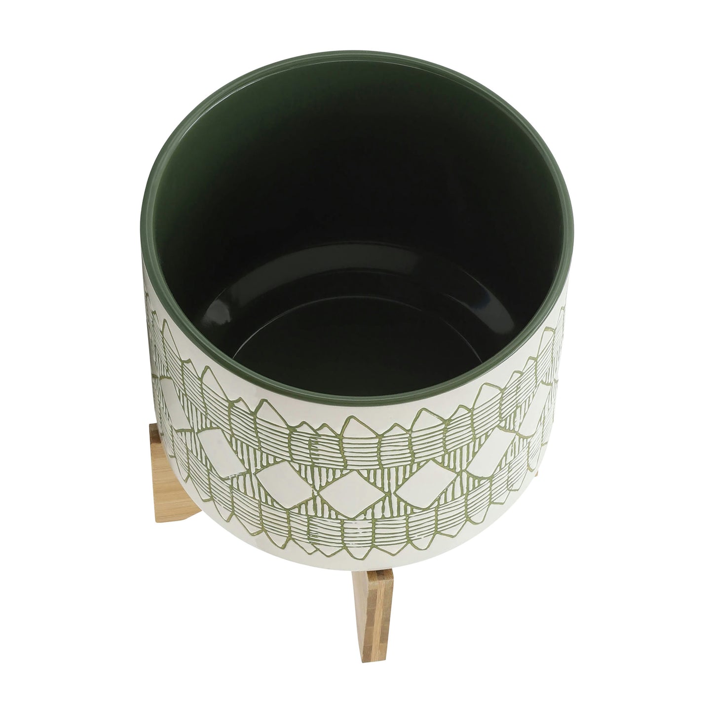 Ceramic 10" Aztec Planter On Wooden Stand, White & Olive