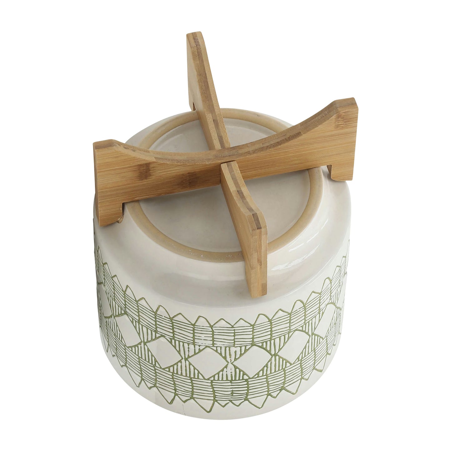 Ceramic 10" Aztec Planter On Wooden Stand, White & Olive