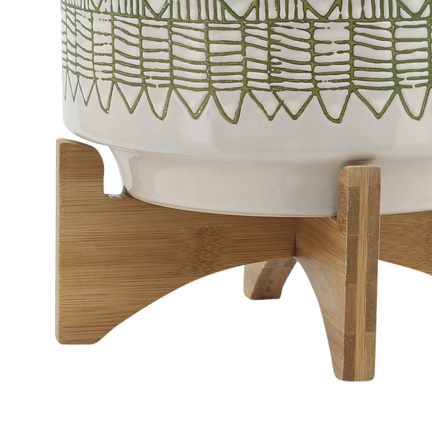 Ceramic 10" Aztec Planter On Wooden Stand, White & Olive