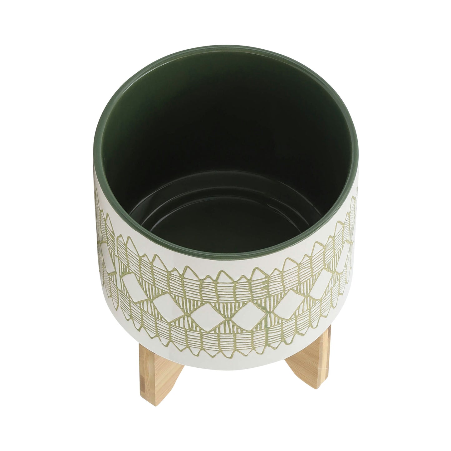 Ceramic 8" Aztec Planter On Wooden Stand, White & Olive