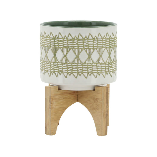 Ceramic 5" Aztec Planter On Wooden Stand, White & Olive