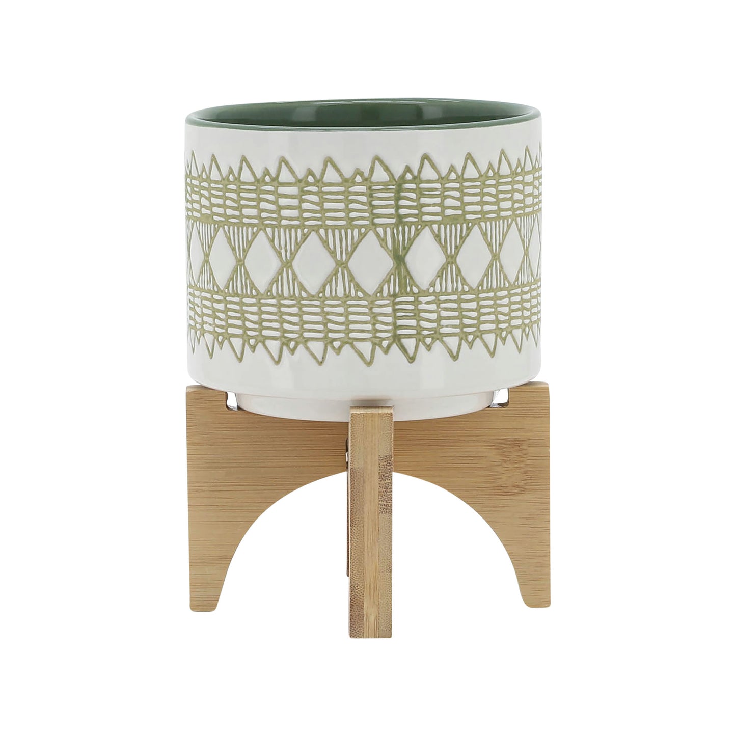 Ceramic 5" Aztec Planter On Wooden Stand, White & Olive