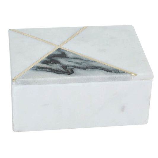 Marble, 7x5 Rectangular Box Brass Inlay Left Side, White