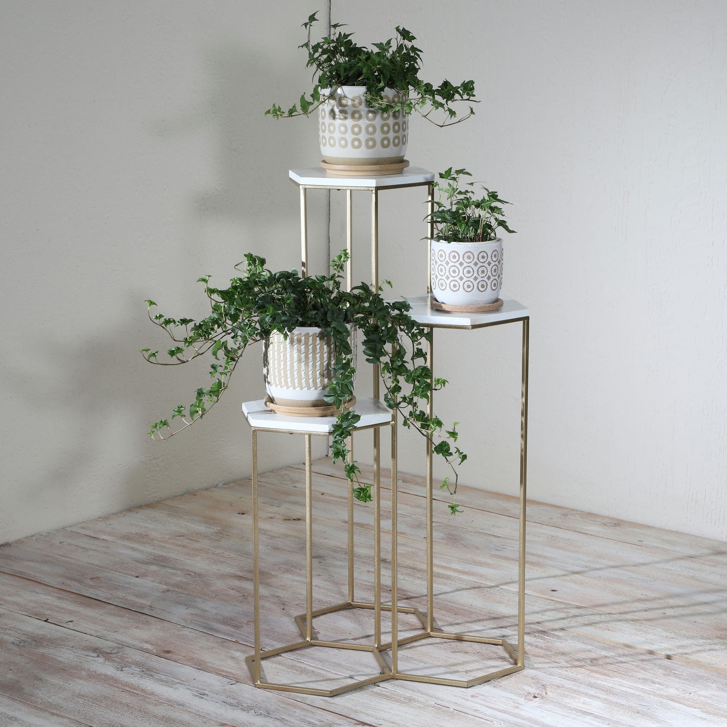 Metal, 3-layered Plant Stands, White/gold
