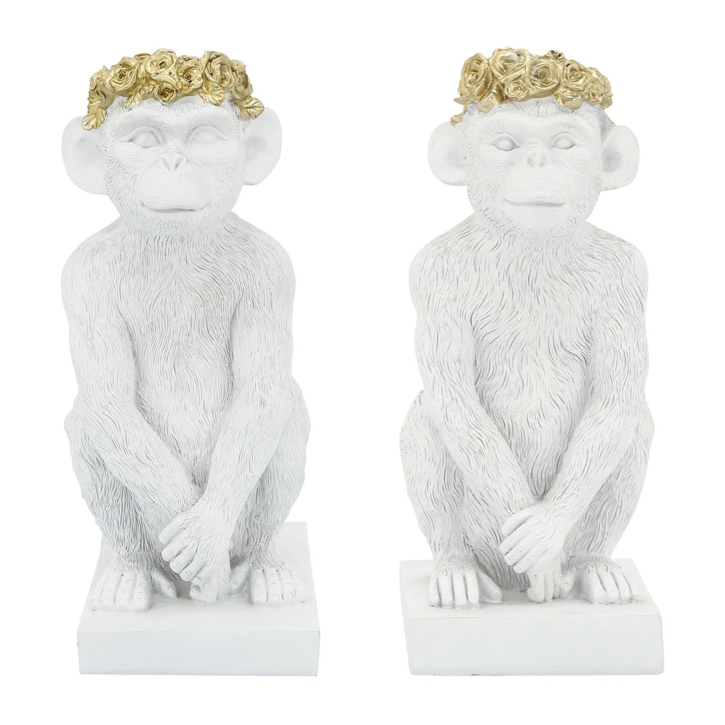 Res, 14" Monkey Figurine Flower Crown, Wht/gold