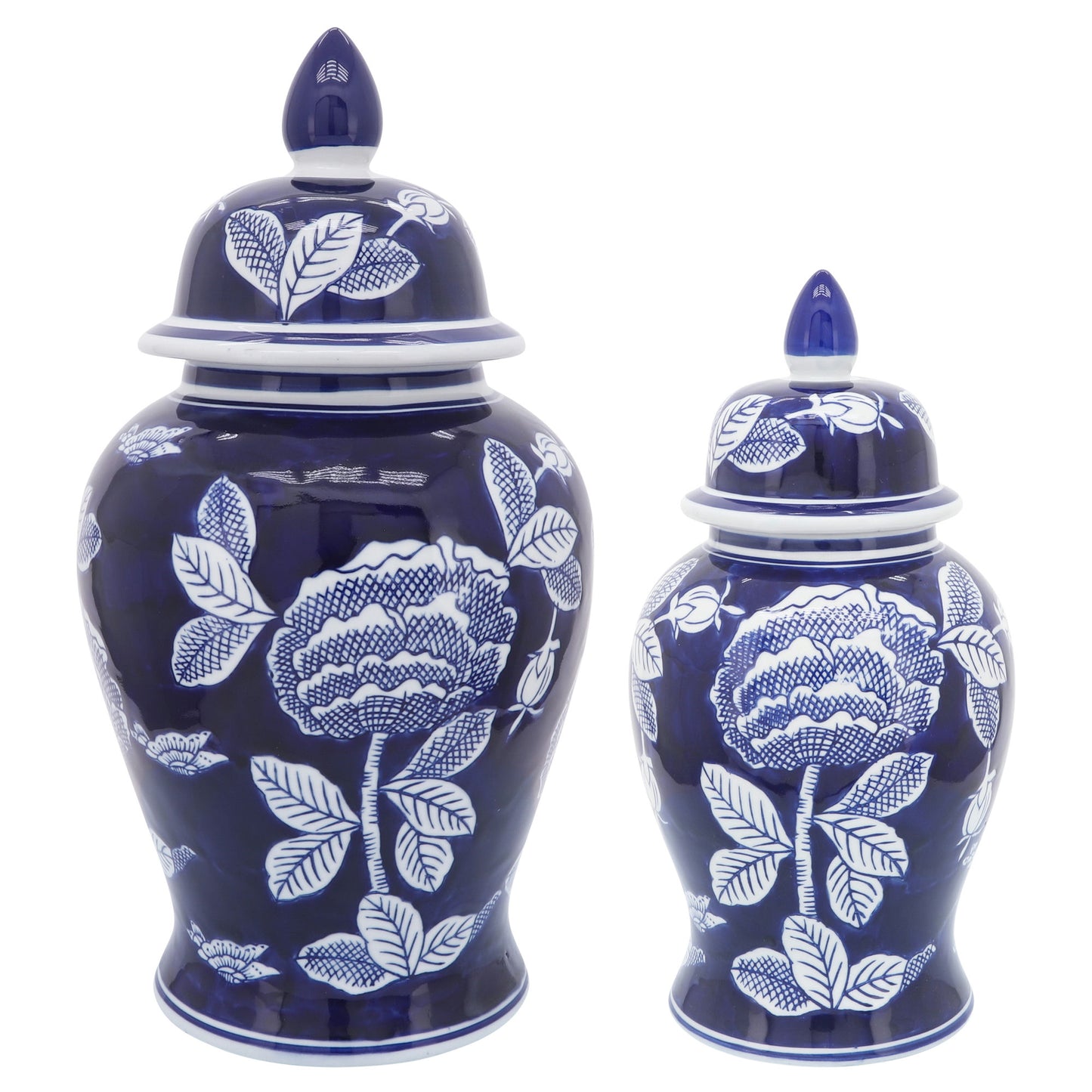 Cer, 18"h Flower Temple Jar, Wht/blu