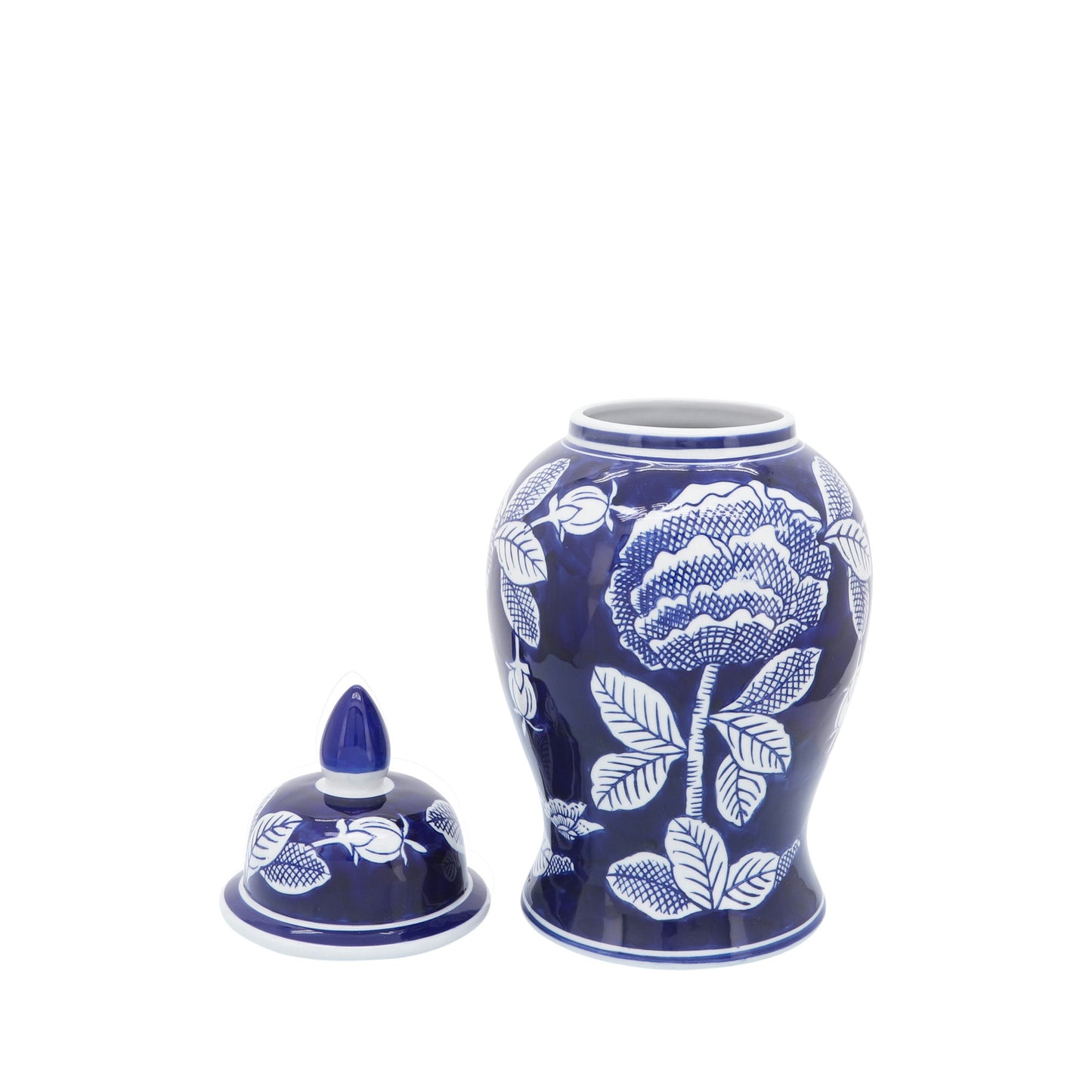 Cer, 14"h Floraltemple Jar, Wht/blu