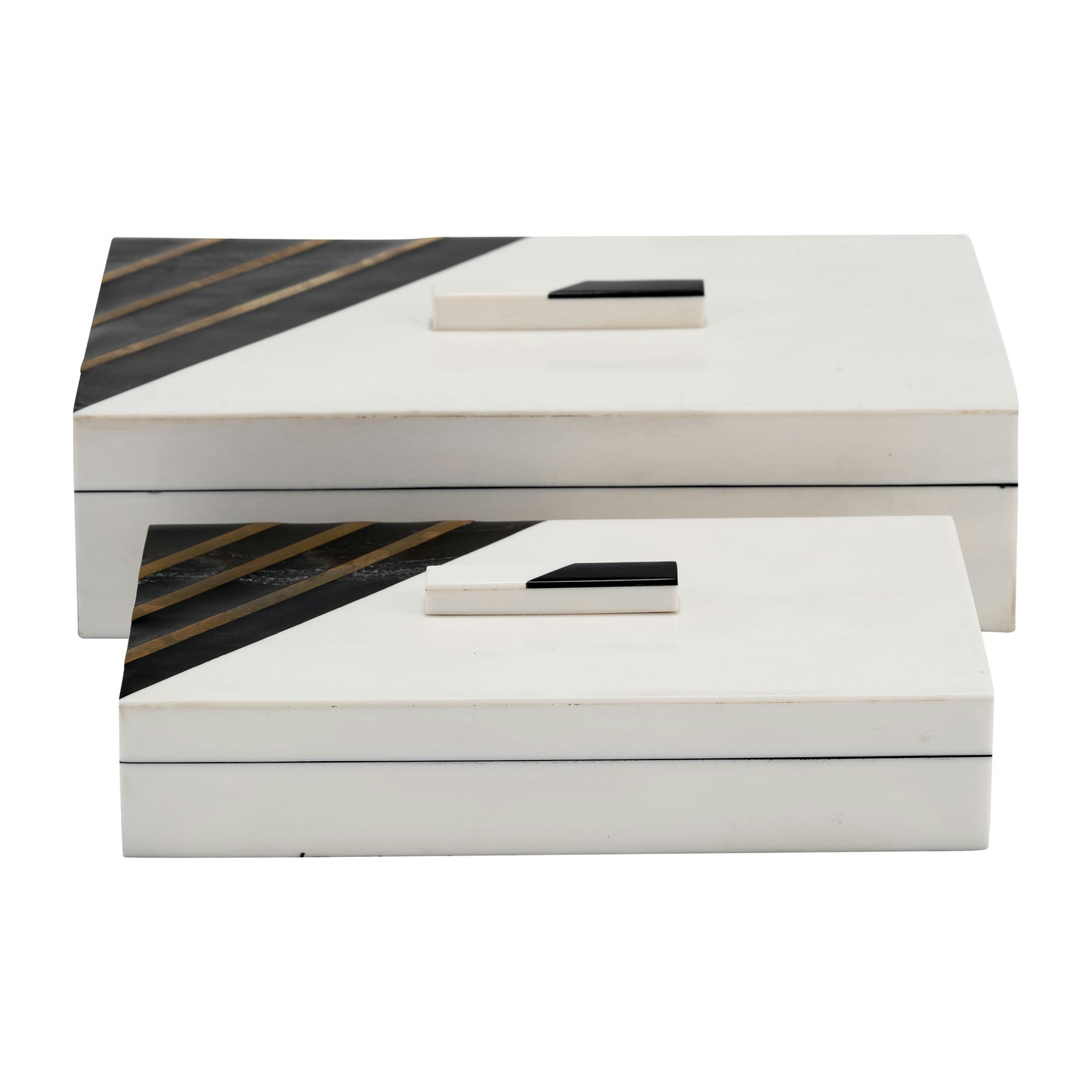 Resin, S/2 10/12" Striped Boxes W/ Knob, Black/whi