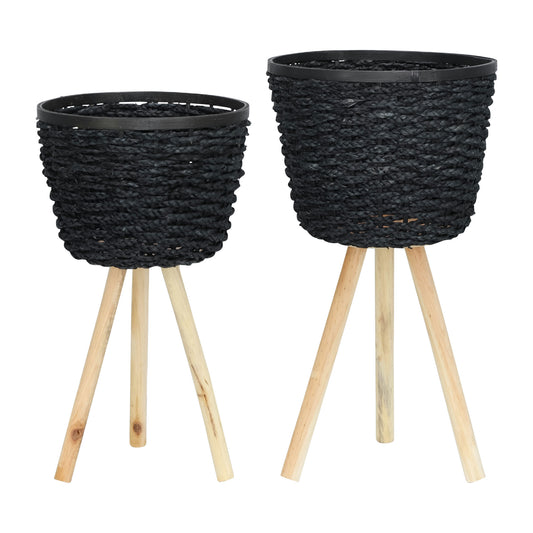 Woven, S/2 20/23"h Planters W/ Legs, Black Kd