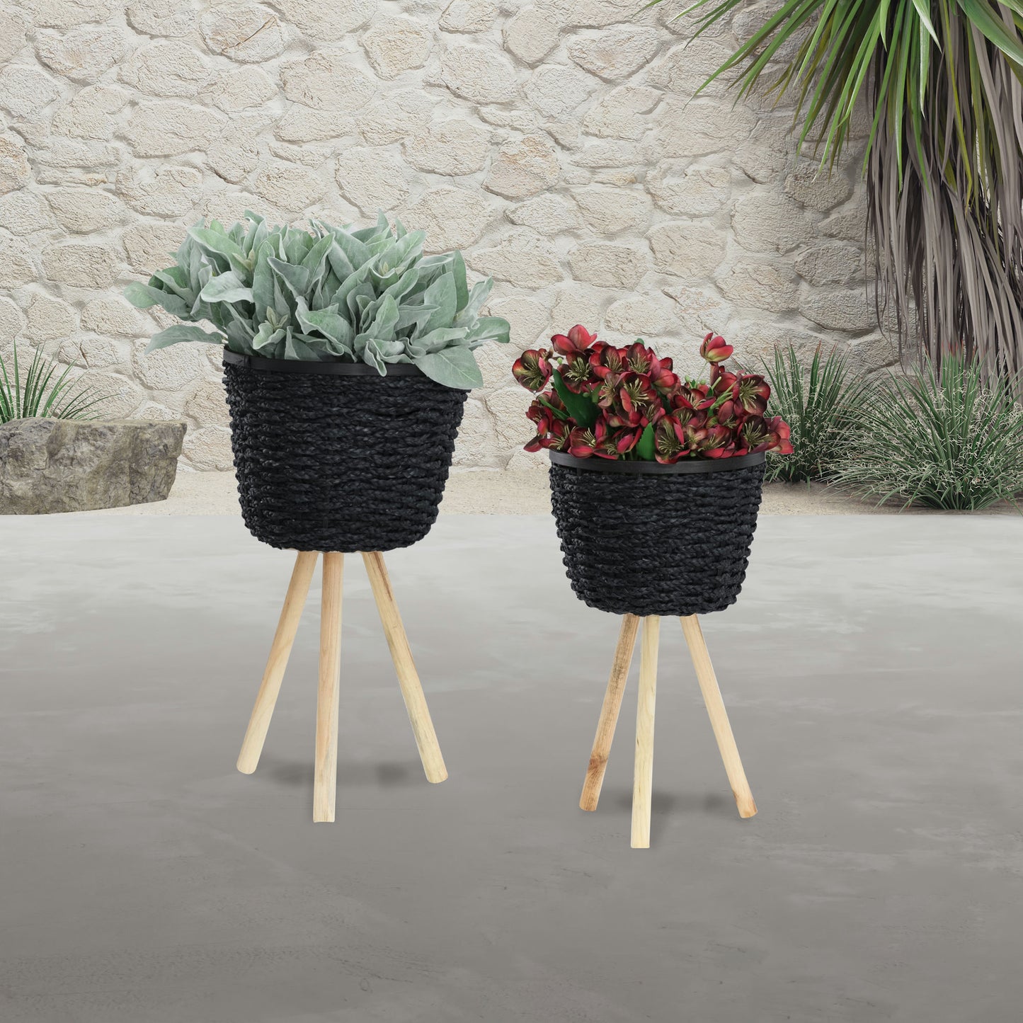 Woven, S/2 20/23"h Planters W/ Legs, Black Kd