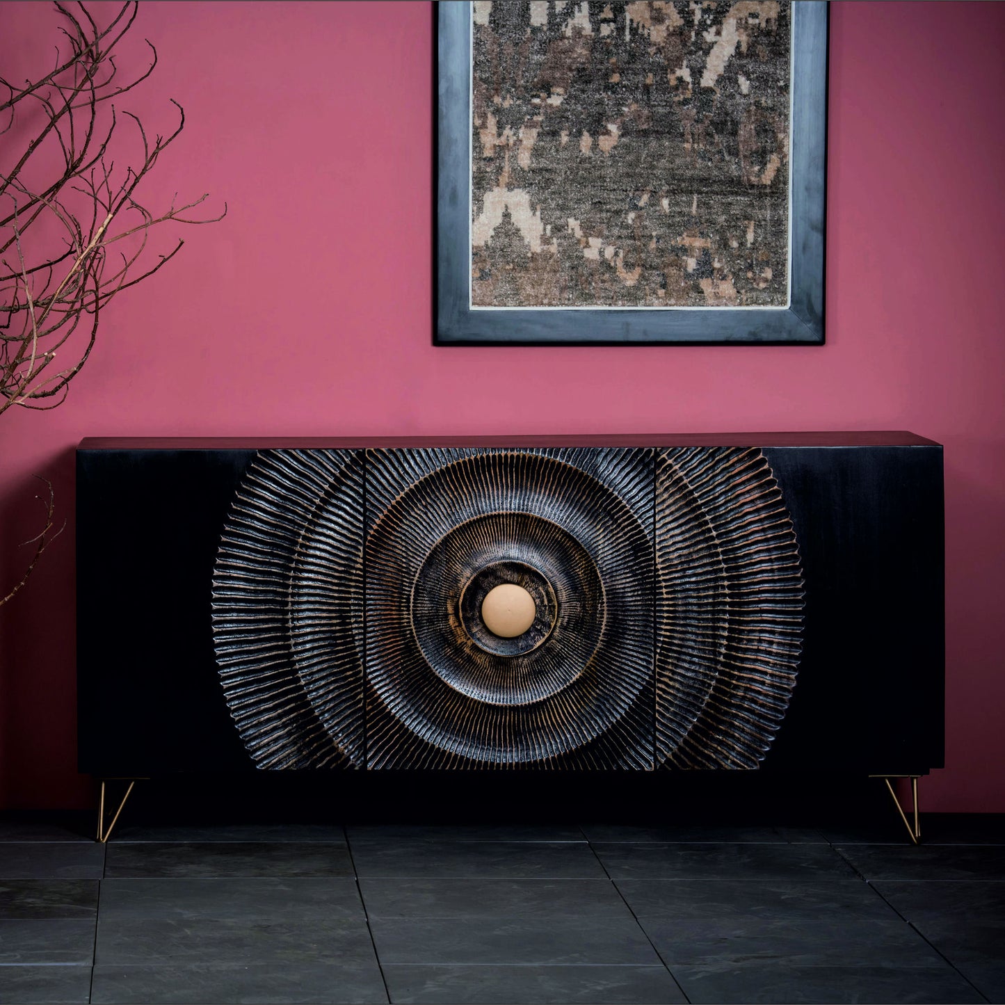Wood, 63x30 Carved Circle Console Cabinet, Black