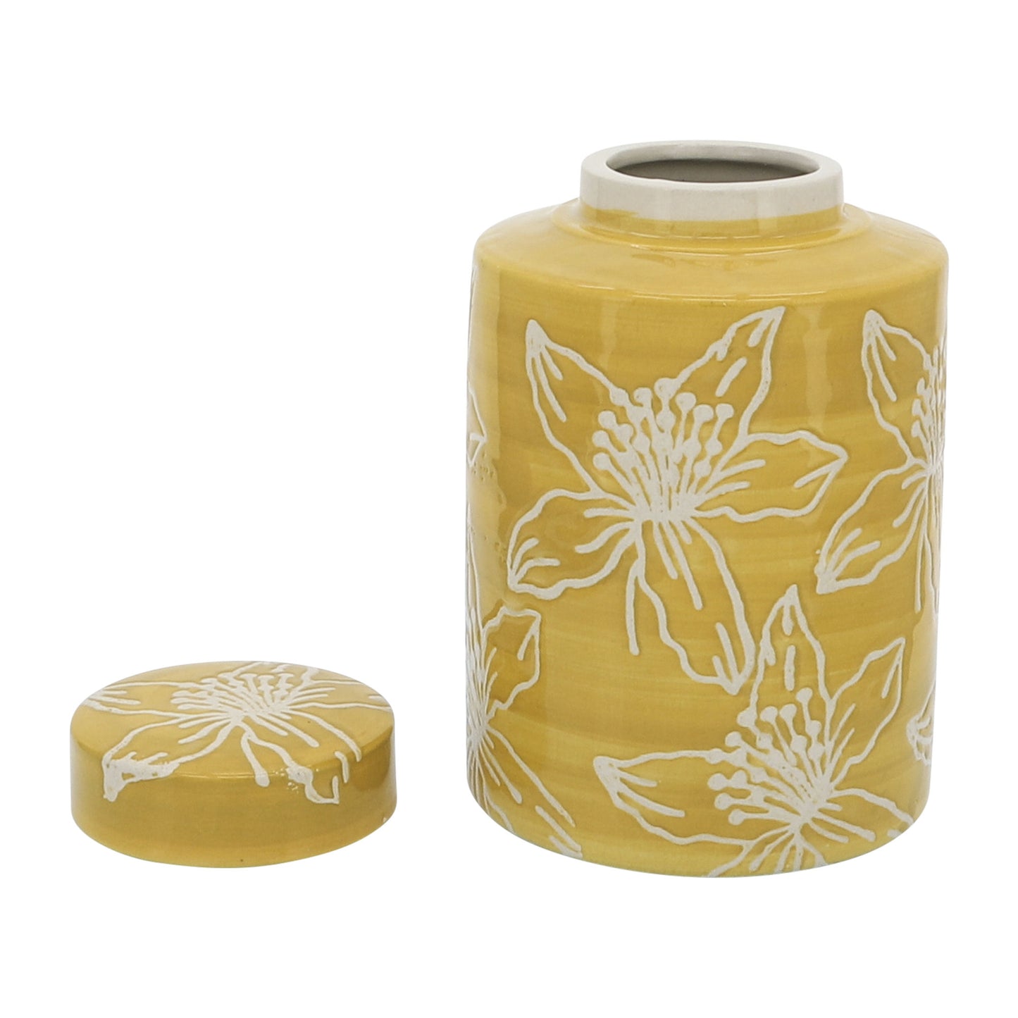 Cer, 9"h Flower Jar W/ Lid, Yellow