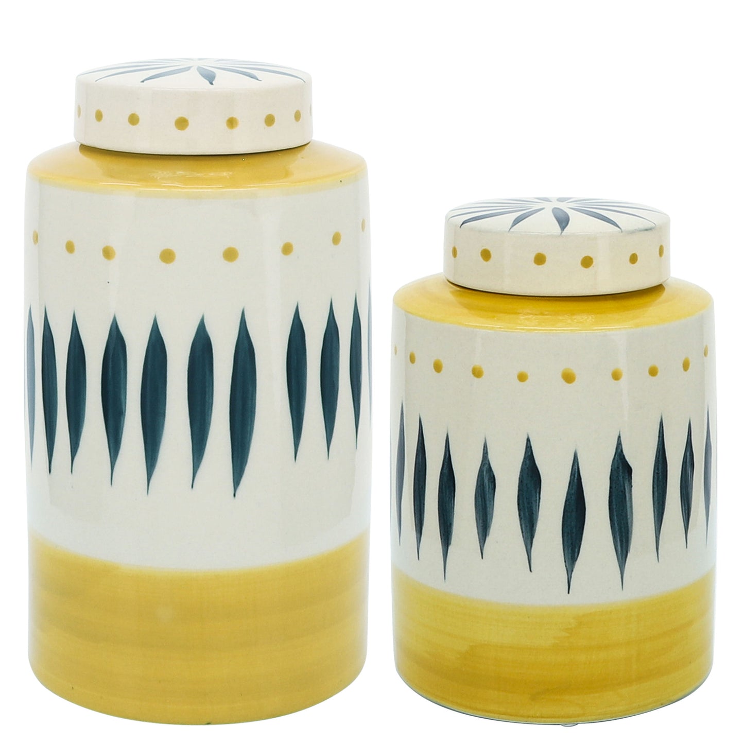 Cer, 9"h Tribal Jar W/ Lid, Yellow