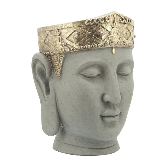Resin, 13"d Buddha Head Planter, Gray/gold