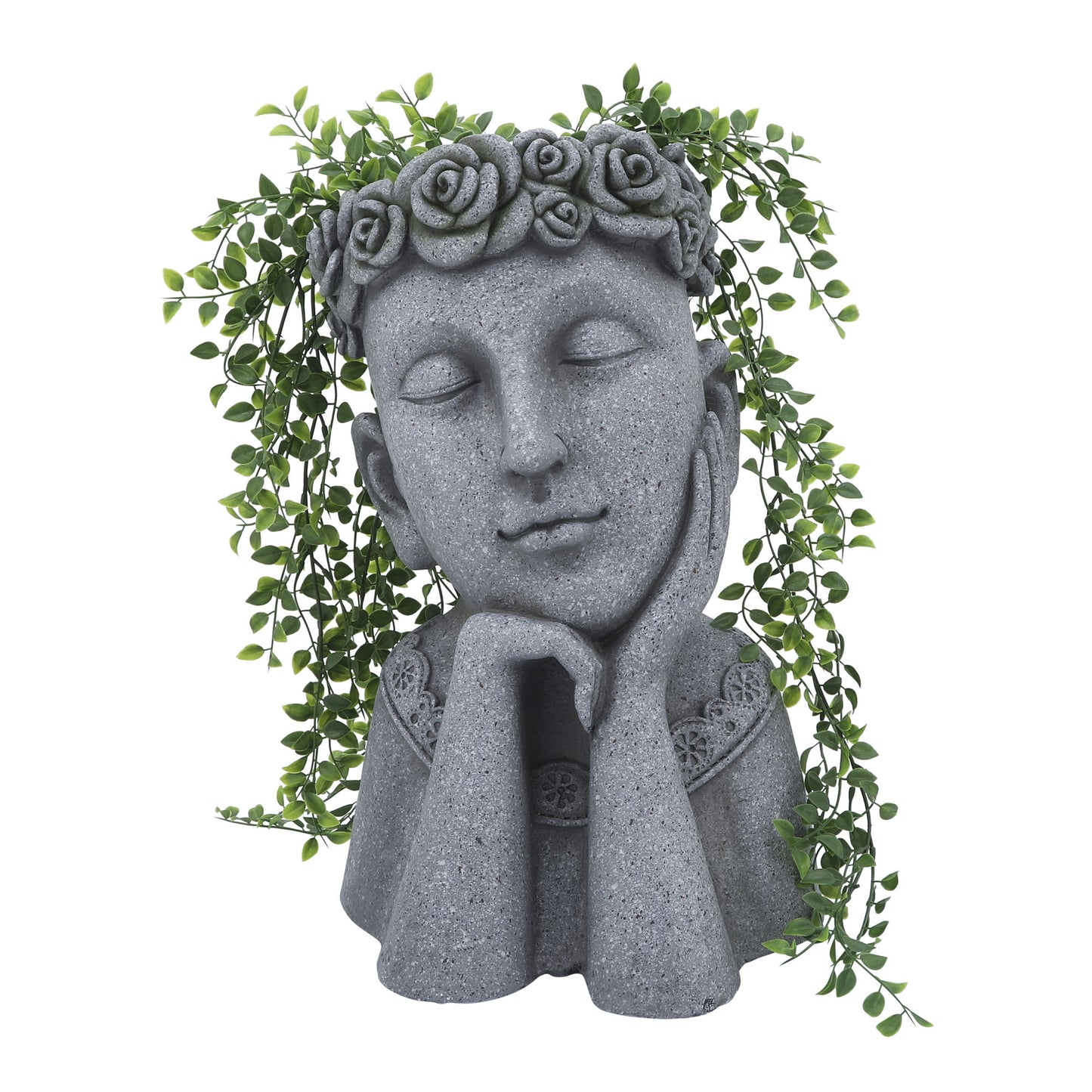 Resin, 18"h Daydreaming Lady Planter, Gray, Eyes Closed