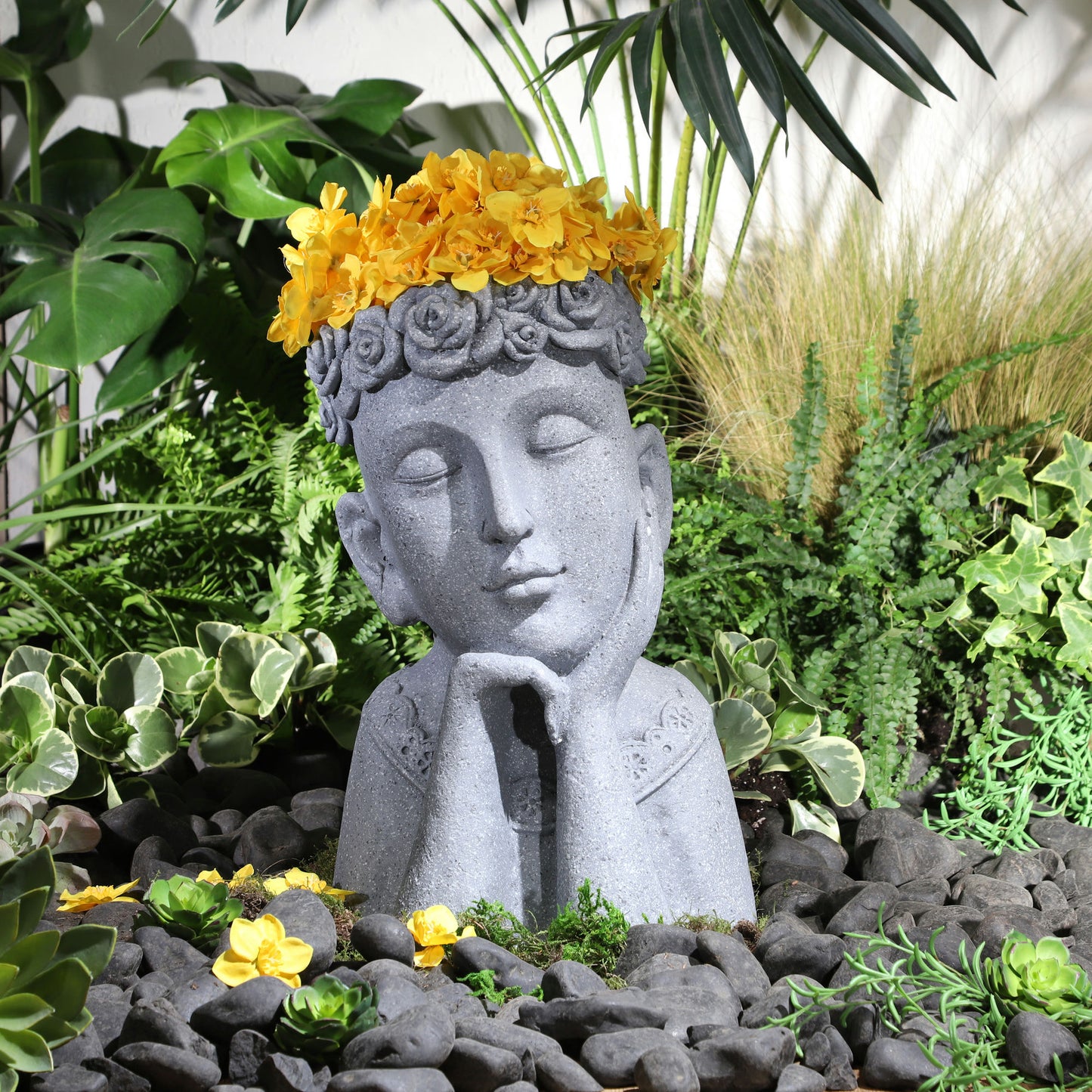 Resin, 18"h Daydreaming Lady Planter, Gray, Eyes Closed