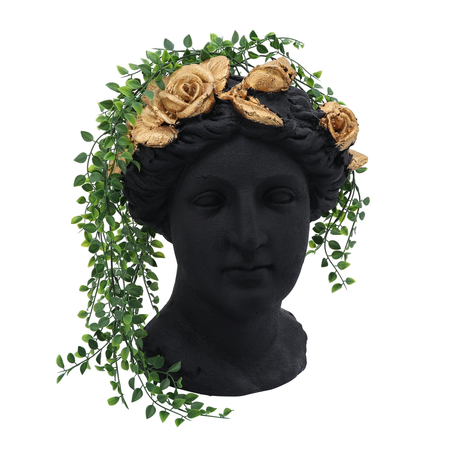 Resin, 16"h Roses Lady Head Planter, Black/gold