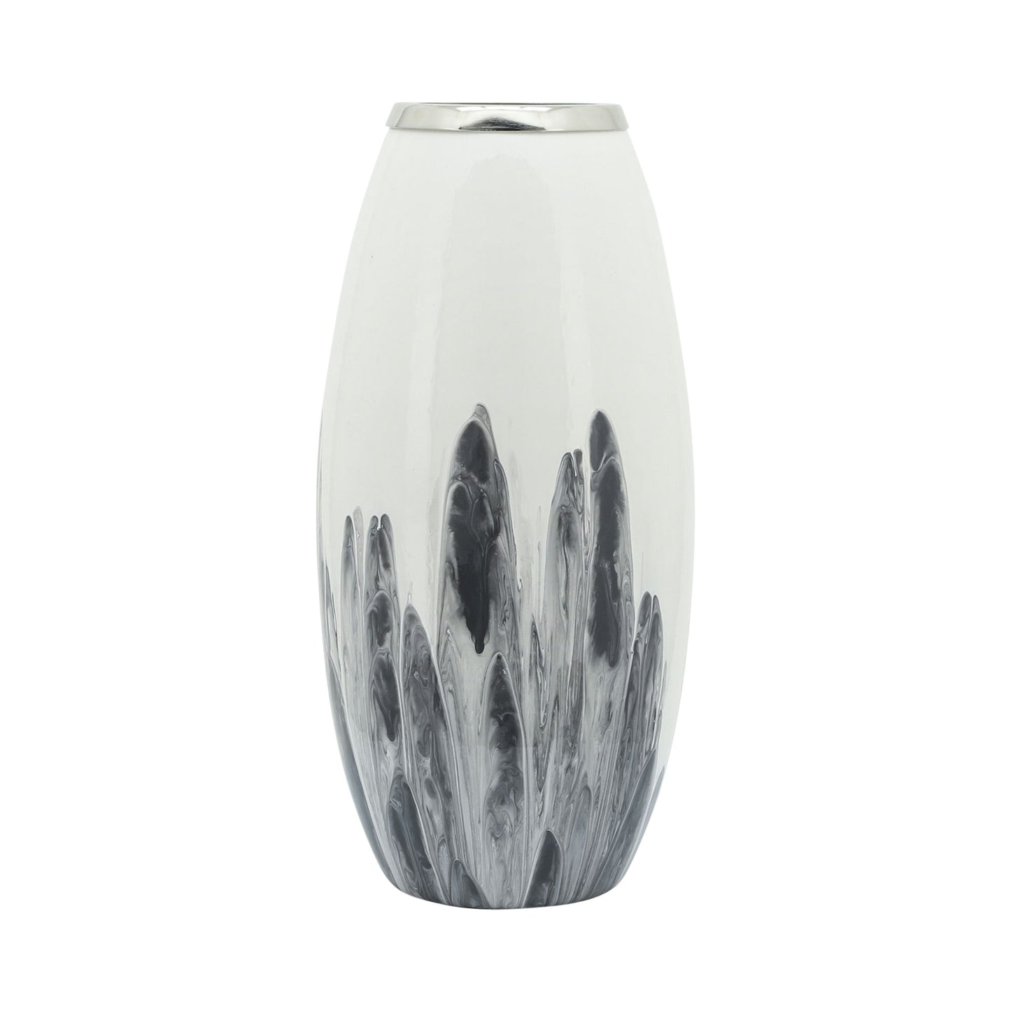 Glass, 18"h Vase W/ Metal Ring, White